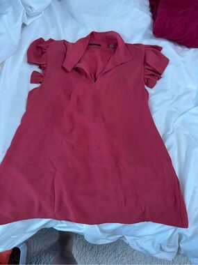 Tahari Coral Red Ruffle Sleeve Collared Blouse
